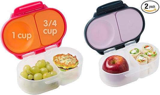 b.box Snack Box 2 Pack - Leak Proof Mini Bento Box for Kids & Toddlers, 2 Compartment Snack Containers for Kids, Dishwasher Safe, BPA Free, PFAS Free, Ages 4m+, 1 3/4 Cup Each (Strawberry + Indigo)