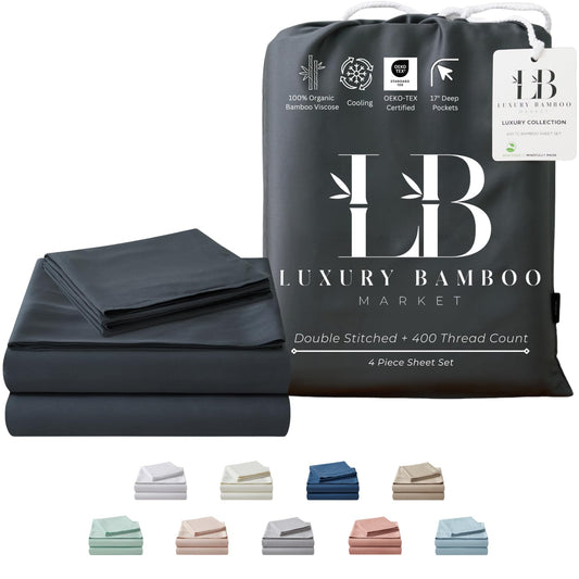 Luxury Bamboo Market | Queen Size Bed Sheet Set | 100% Viscose Made from Bamboo | Organically Grown | Ultra Soft | Cooling Sheets for Hot Sleepers | 17" Deep Pocket [Charcoal Grey]