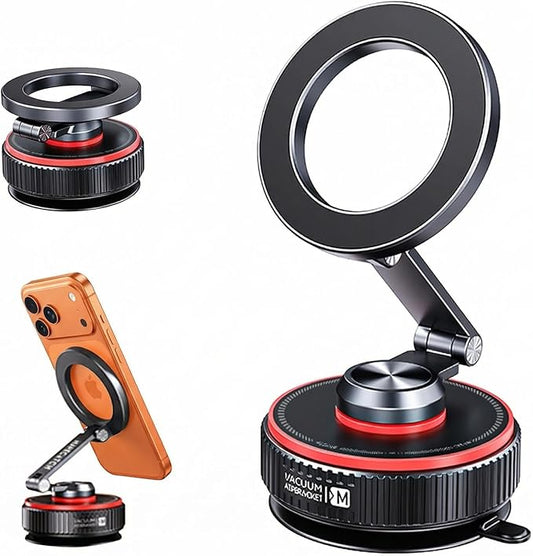 Magnetic Car Phone Mount, 120+ LB Vacuum Suction & 3000gf Magnetic Force, 360° Triple-Axis Adjustable Car Holder for iPhone & All Phones, Twist-Lock Suction Cup, Quick-Release – Black
