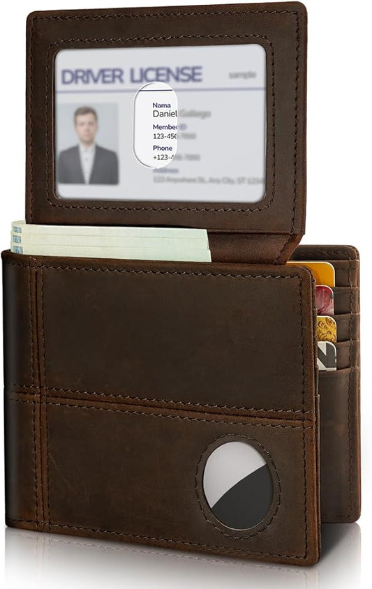 Mens Wallet With AirTag Holder, Bifold Leather RFID Blocking 1-2 ID Windows 12-13 Card Holders, Gift Box and Screen Protector Included, AirTag Not Included