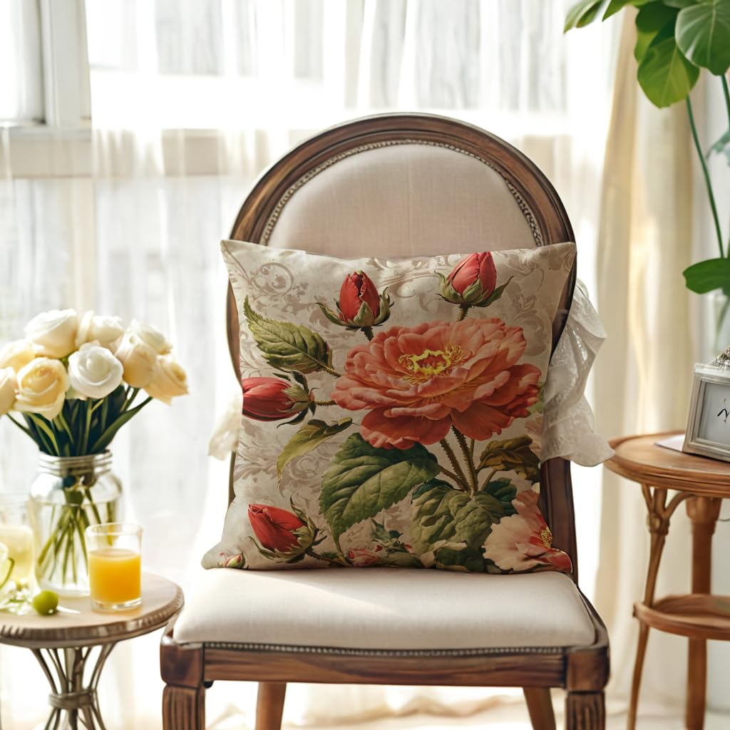 JAERUE Vintage Rose Flower Throw Pillow Covers Set of 2 Shabby Chic Red Floral Cushion Cases Spring Farmhouse Retro Botanical Pillow Covers 18"x18", for Couch, Bedroom & Living Room(Red/Brown)