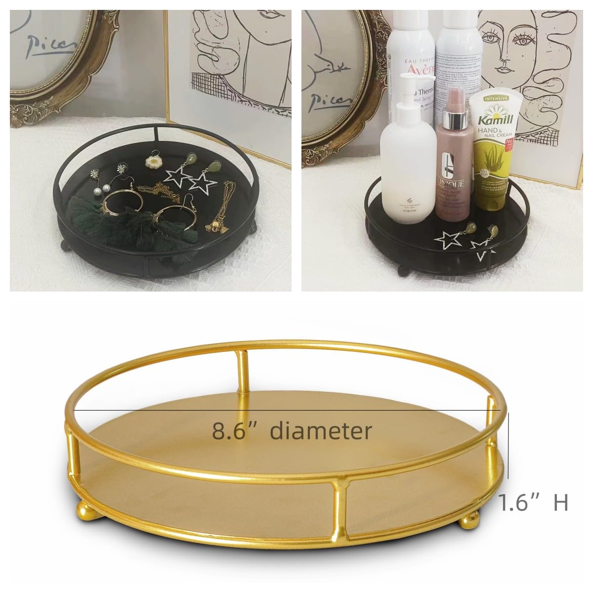 Jewelry Tray Perfume Display Organizer Bathroom Storage Vanity Tray Tabletop Display for Cosmetic, Candle, Jewelries, 8" Round Gold, Small