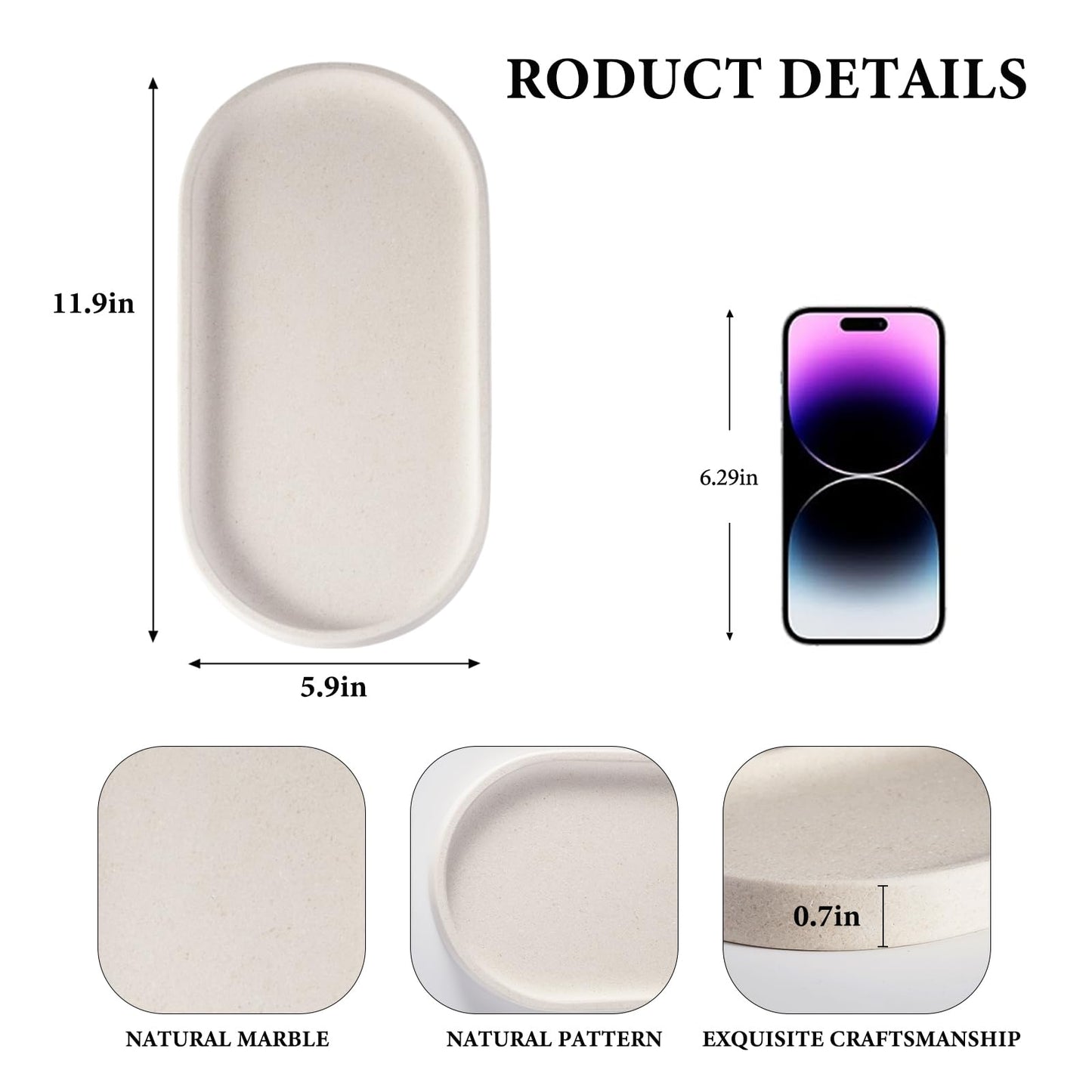 Koville Creamy White Marble Tray for Bathroom, 12"x6" Natural Luxury Marble Vanity Tray for Home Decor Countertop, Stone Oval Trays for Perfume & Jewelry Organizer, Stone Storage Trays