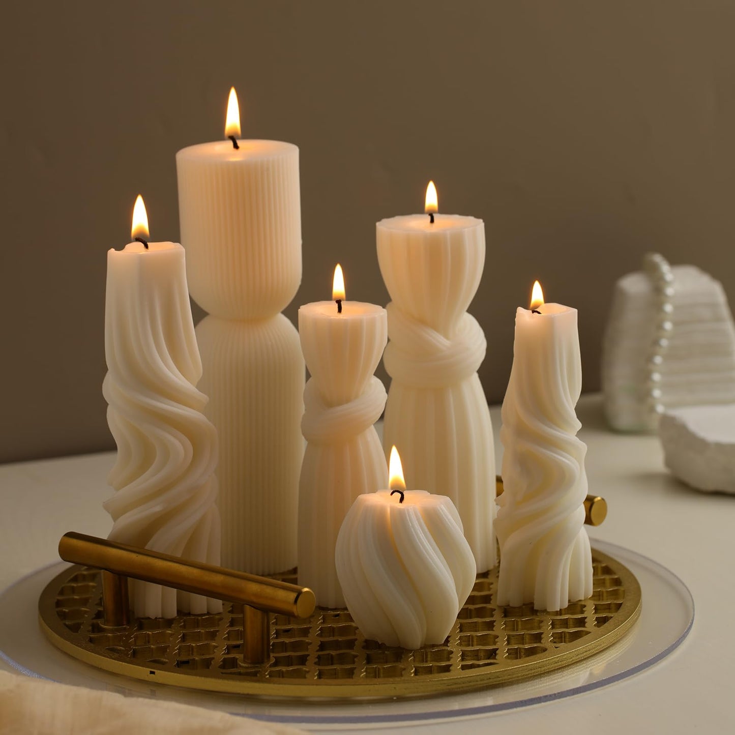 Threlaco 6 Pcs Pillar Candles Decorative Modern Aesthetic Ribbed Candle Set Cute Soy Wax Scented Ribbed Decor Commemorative Gift for Home Decoration(White, 1.97-6.89 Inch)