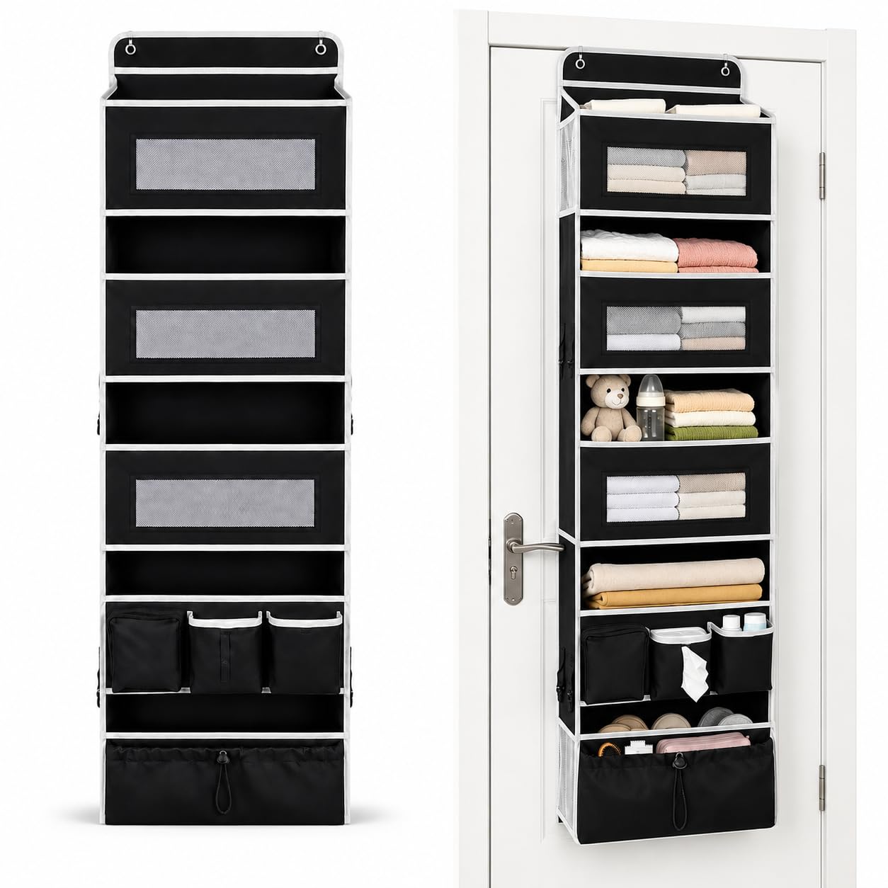 1 Pack Over The Door Organizer Storage, Hanging Organizer Closet with 5 Large Pockets 6 Mesh Pockets, 50 lbs Weight Capacity, Behind Door Storage for Closet Nursery Bedroom Bathroom (Black)