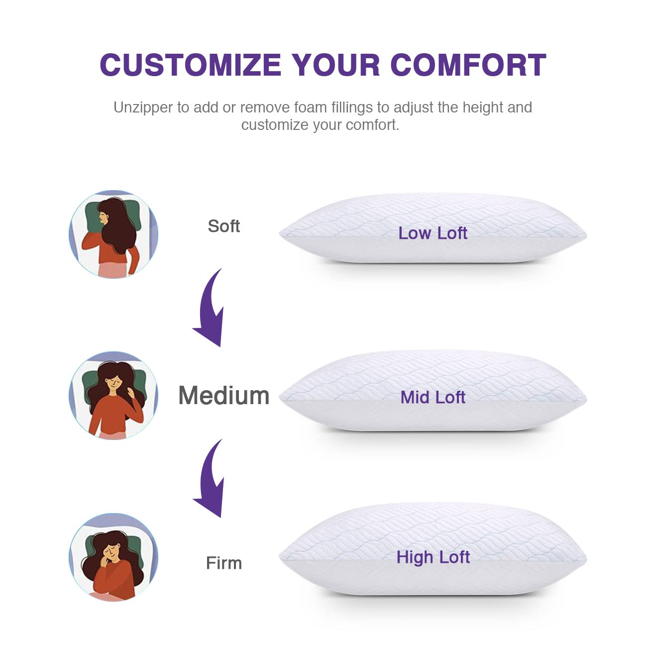 WISHSMILE King Size Shredded Memory Foam Pillows, Cooling King Pillows 4 Pack, Adjustable Height Firm Support, Double-Sided Polyester & Ice Silk Cover, Washable Bed Pillows for Home, King 20×36 Inch