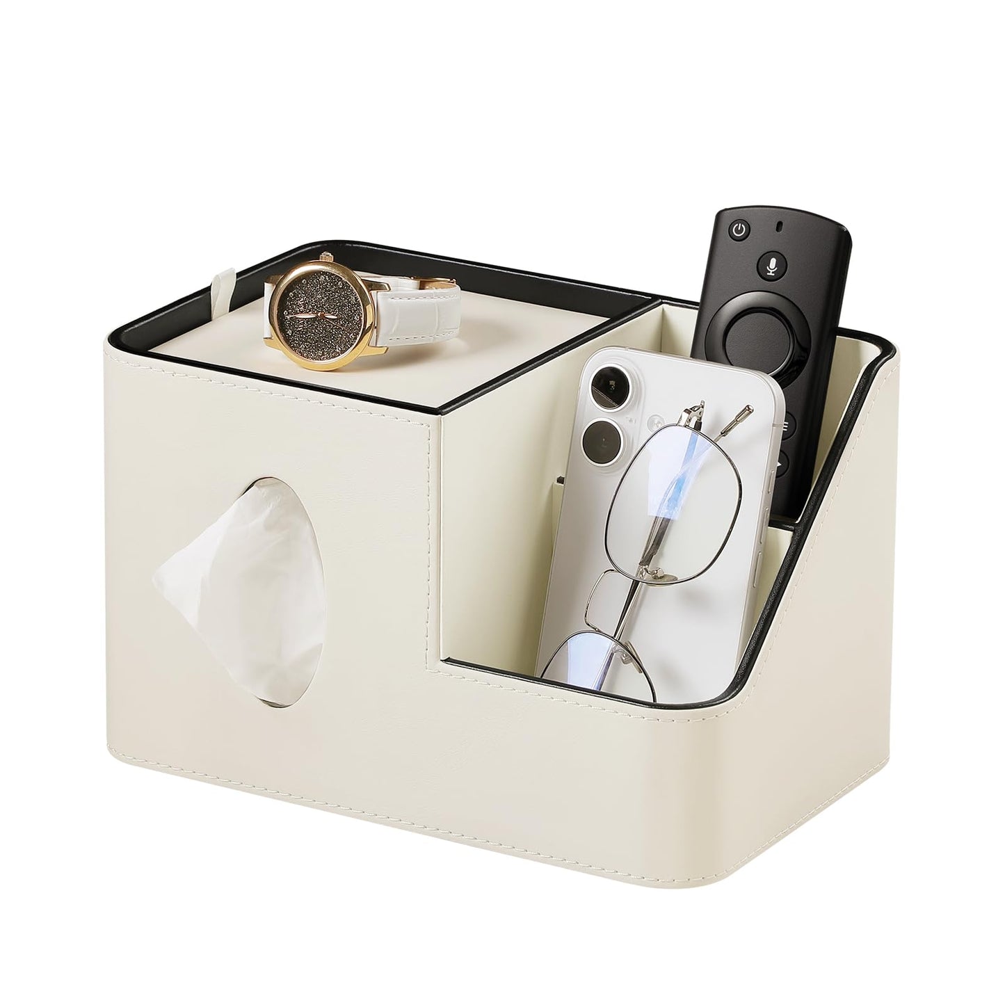 PU Leather Square Tissue Box Cover with Magnetic Closure, Tissue Holder with Storage Tray & Remote Control Organizer, for Nightstand, Living Room, Bathroom, Office Desk (White)