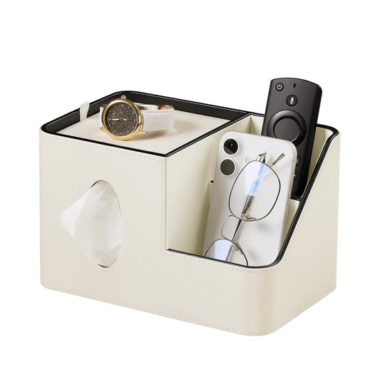 PU Leather Square Tissue Box Cover with Magnetic Closure, Tissue Holder with Storage Tray & Remote Control Organizer, for Nightstand, Living Room, Bathroom, Office Desk (White)