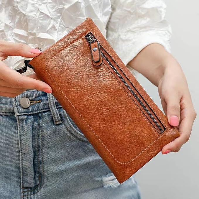 Vyrnox Genuine Leather Women's Long Vintage Zipper Money Clip Clutch Bag with RFID Blocking Coin Purse for Women Including Gift Box (Burgundy)