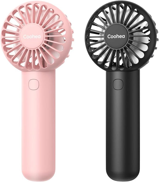 Coohea 2-Pack Pink & Black Handheld Fan, Small Cute Design, 3 Powerful Speeds, Operated by USB/Rechargeable Battery, Portable Personal Fan with Base & Lanyard, for Eyelash Makeup Travel Beach Desk