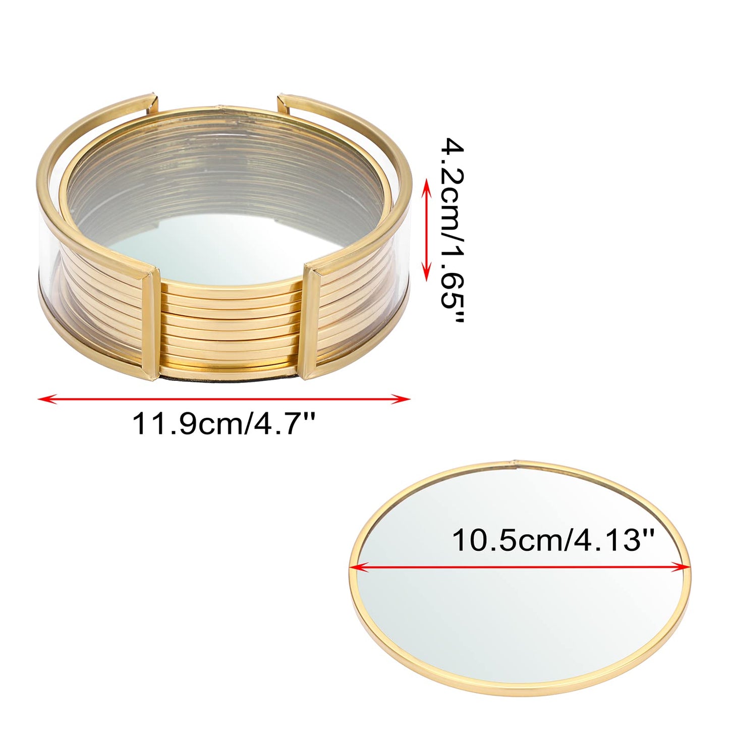 JUXYES Set of 8 Glass Round Coasters with Holder, Golden Brass Coasters for Drinks Glass Cup Coaster Set Modern Coaster Cups Mats Decor for Restaurant Kitchen Bar Dining Table