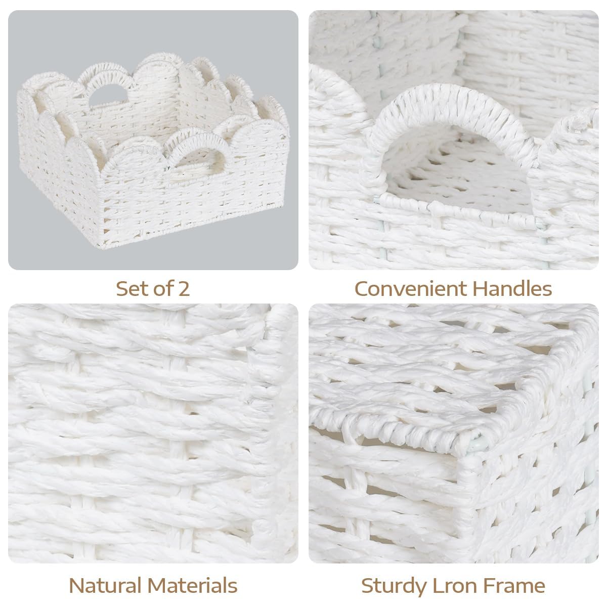 Graciadeco Scalloped Wicker Basket Natural Paper Rope Storage Baskets with Handles Handwoven Organizer Bin Wicker Storage Baskets for Home Decor, Organizing, 2 Pack (White)