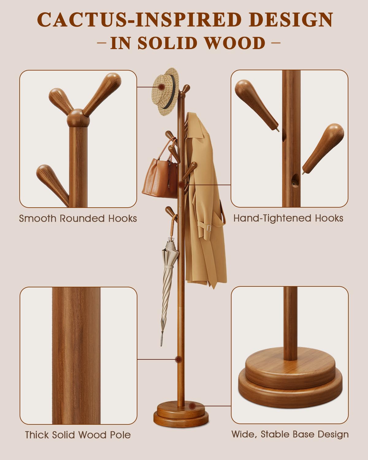 Freestanding Coat Rack, Solid Wood Coat Tree with 8 Smooth Rounded Hooks, Adjustable Height Heavy Duty Coat Rack with Dual-Layer Base, Holds Coats Hats Bags for Entryway, Bedroom, Living Room