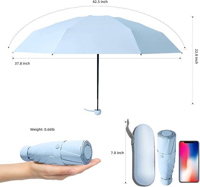 Travel Mini Compact Folding Umbrella with Case - UV Sun & Rain Protection, Lightweight Portable Pocket Umbrella for Women Men Kids, Fits Purse Backpack