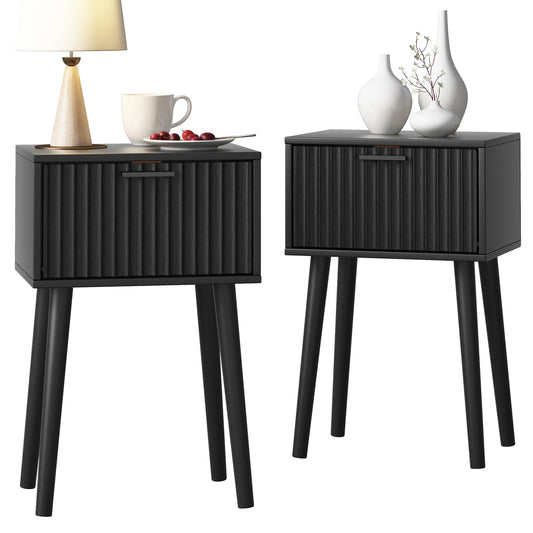 LAATOOREE Nightstands Set of 2, Small Side Table, Bedside Table with Fluted Door, Solid Wood Feet, Modern Mid-Century End Table for Bedroom, Small Space, Black