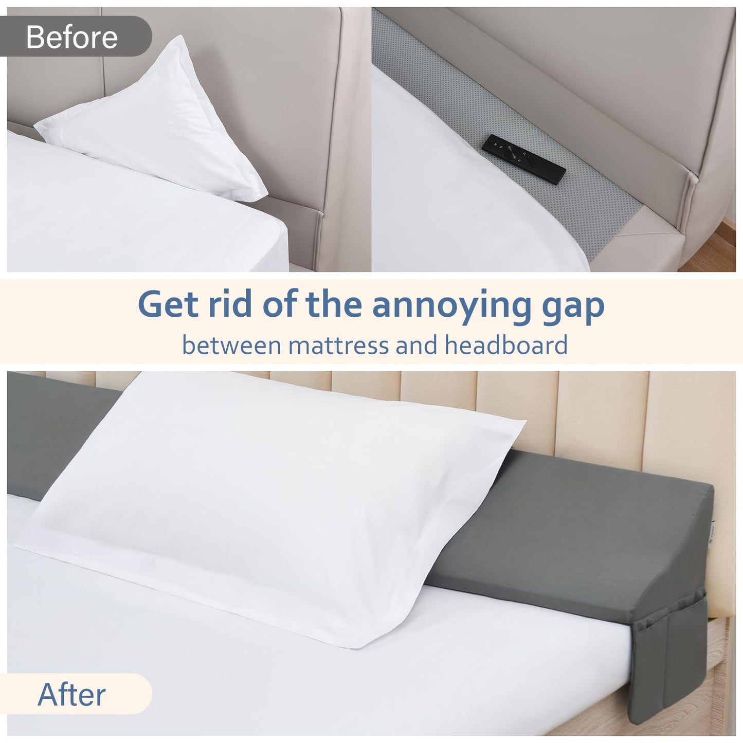 Vekkia King Bed Wedge Pillow for Headboard Gap – 0–6" Bed Gap Filler with Firm Foam Support & Extra-Large Pockets – Prevents Lost Pillows, Phones & Small Items (Gray)