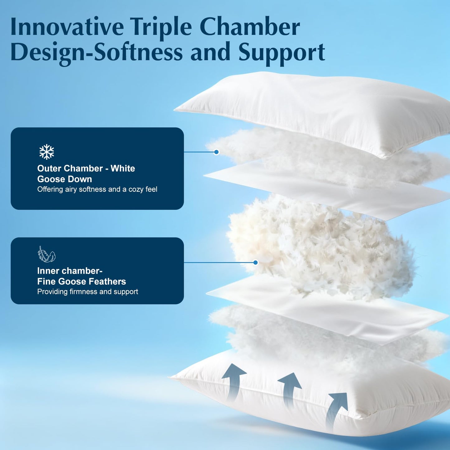 LIANLAM Goose Feather Down Pillows Queen Size Set of 2, 3-Chamber 5 Star Hotel Pillow for Deep Sleep,Soft Bed Pillows for Neck Pain Relief, Perfect for Side Sleeper, 100% Cotton Shell(2 Pack,20"x30")