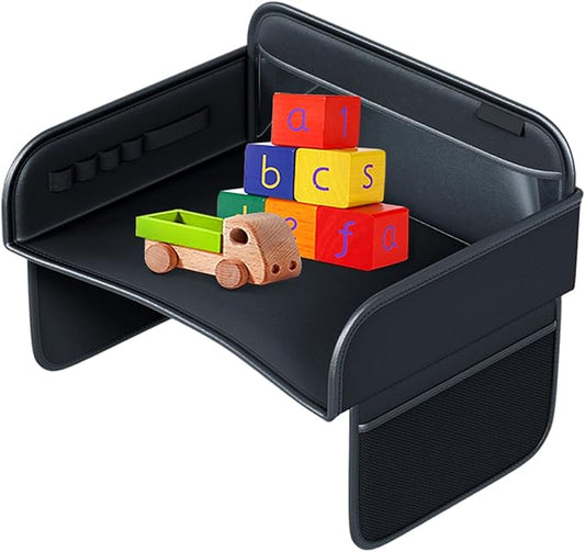Kids Travel Tray - PU Leather Kids Travel Tray for Car Seat, Desk Organizer Lap Table Stand Holder for Tablet Laptop Cup Snack Airplane Bed Carseat Portable Activity