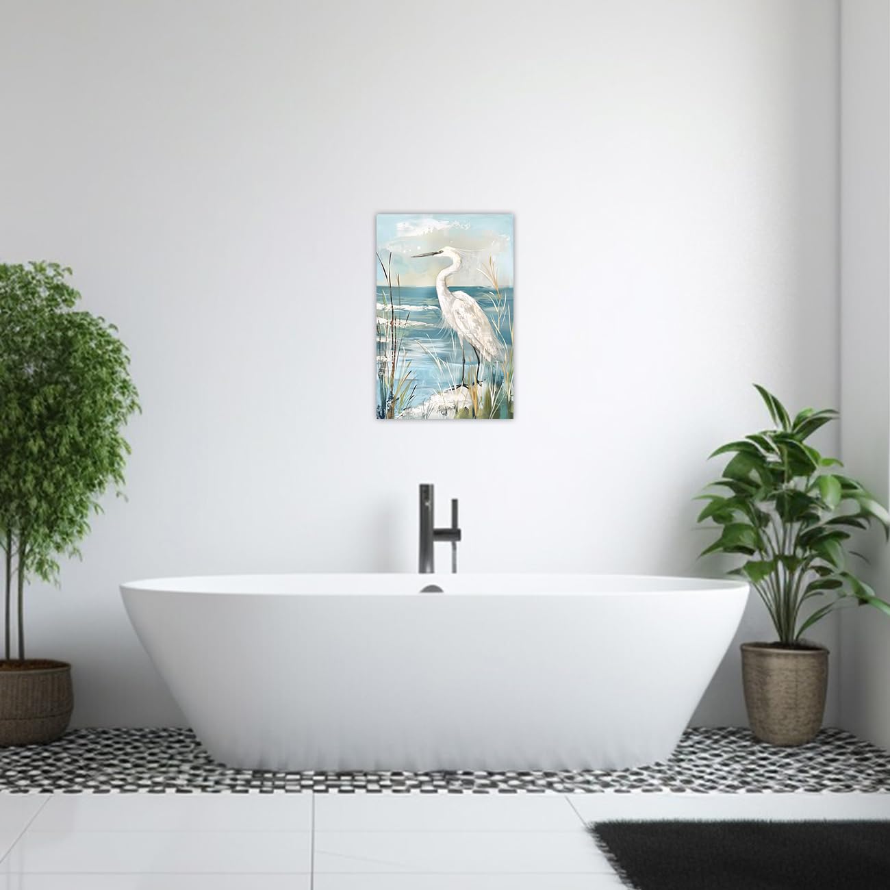 AWPANERAR White Heron Canvas Wall Art Coastal Bird Pictures Prints Blue Ocean Poster Beach Egret with Reed Painting Artwork for Bathroom Decor Framed (18L x 12W)