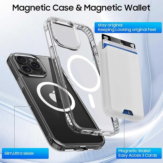 Ntwinro Magnetic for iPhone 15 Pro Max Clear Case (Compatible with MagSafe) with White Detachable Wallet & Card Holder for 3 Cards [RFID Blocking] Military Grade Protective Slim Phone Cover