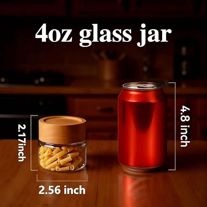 Zoaiirte 6-Pack 4 oz Stackable Airtight Glass Canisters with Acacia Lids - Small Mason Jars for Overnight Oats, Spice Storage, Herb Keepers, Pantry Organization and Dry Food Storage