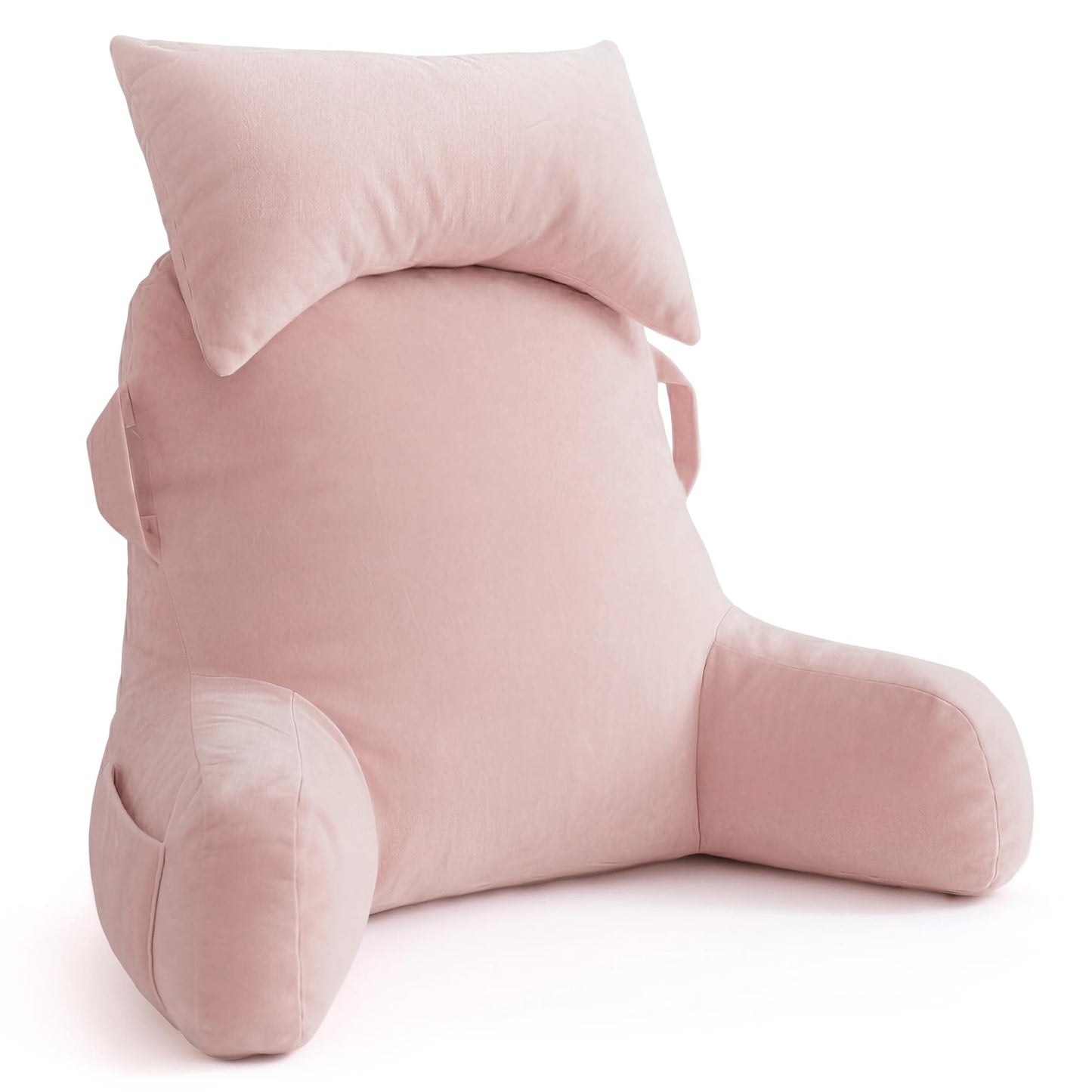 Unisakey Portable Reading Pillows with Headrest for Bed Sitting Up(Pink Oeko-Tex), Velvet Back Pillow with Arms & Pockets for Adults, Support Memory Foam Bed Pillow for Dorm/Reading/Watching/Gaming