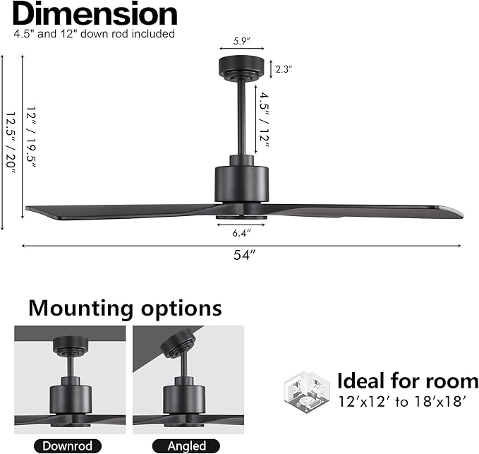 WINGBO 54" DC Ceiling Fan without Lights, 4 Carved Solid Wood Blades, 6-Speed Noiseless Reversible DC Motor, Modern Ceiling Fan No Light with Remote, Matte Black Finish with Black Blades, ETL Listed