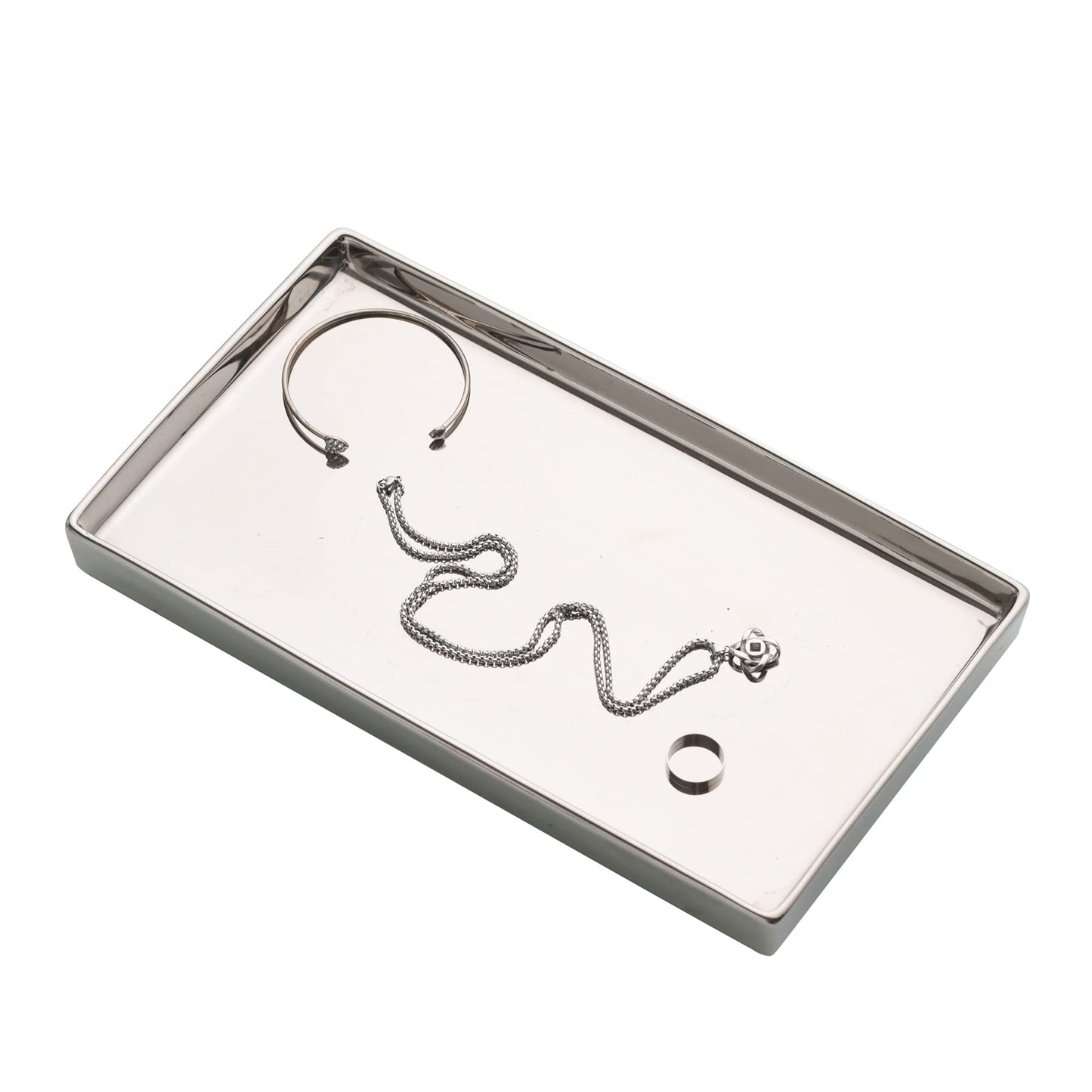 Redelaenor Ceramic Trinket Tray Rectangte Vanity Jewelry Organizer Makeup Mirror Tray Silvery Medium
