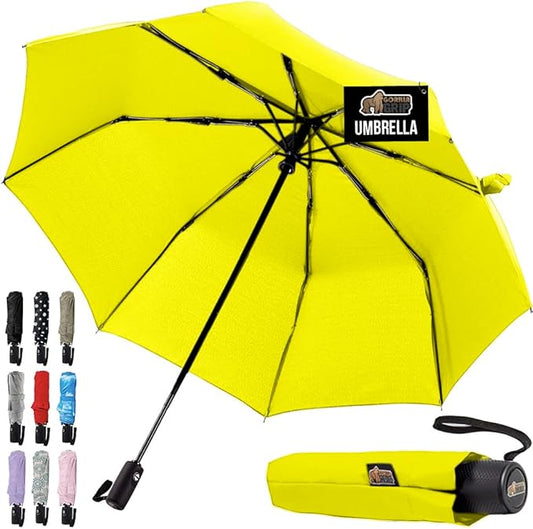 GORILLA GRIP Strong Windproof Stick Compact Umbrella for Rain, One-Click Automatic Open and Close, Durable Quick Dry Waterproof Material, Lightweight and Portable, Travel Size Fits Backpack, Yellow