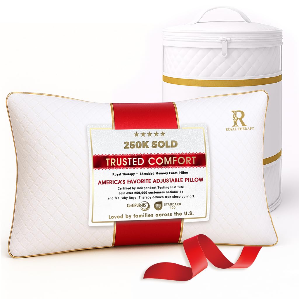 Royal Therapy Queen Memory Foam Pillow, Adjustable Shredded Odor-Free Pillow for Neck & Shoulder Pain Relief, Support for Back, Stomach, Side Sleepers, CertiPUR-US