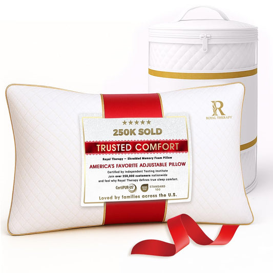Royal Therapy Queen Memory Foam Pillow, Adjustable Shredded Odor-Free Pillow for Neck & Shoulder Pain Relief, Support for Back, Stomach, Side Sleepers, CertiPUR-US