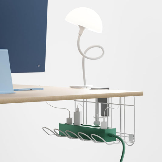 BedShelfie 2-Pack: Shroommate & CarryUp - Clip-On Bedside Table Lamp (White) & CarryUp Under Desk Cable Tray (Cream) Multi-Color LED Reading & Night Light, Adapter Included, Computer Cord Organizer