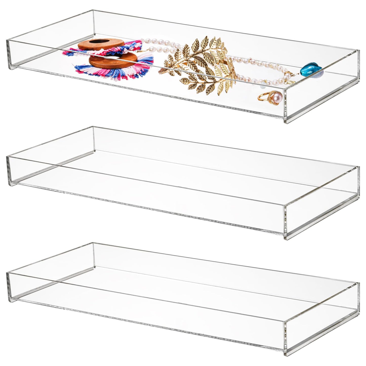 Peohud 3 Pack Acrylic Bathroom Trays, Clear Vanity Tray for Toilet Tank, Decorative Countertop Organizer for Perfume, Makeup, Cosmetics, Jewelry, Soap, Candle, Plant, 12 x 5.1 x 1.2 Inches