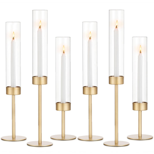 Glass Hurricane Candlestick Holders Gold - Romadedi Set of 6 Taper Candle Holder Bulk Tall Clear Glass Cylinder Table Centerpiece Wedding Decor Party Birthday Christmas Home Decorations
