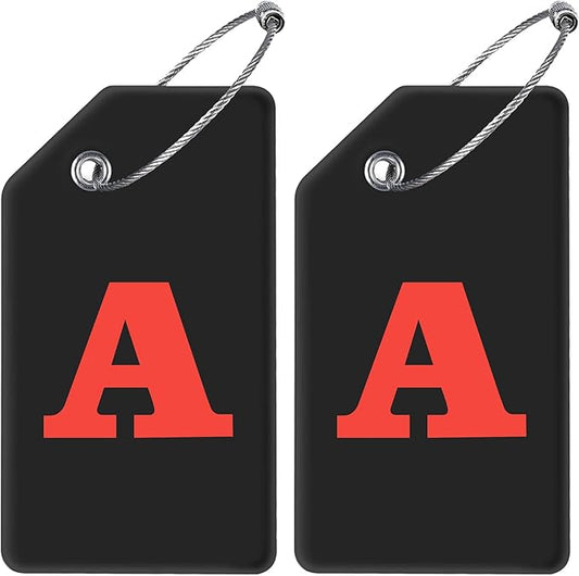 Gostwo 2 Pack Silicone Luggage Tags for Suitcases, 26 Initial Letter Baggage Labels Handbag School Bag Suitcase Instrument Tag with Stainless Steel Loop(Black & White) (Letter A)