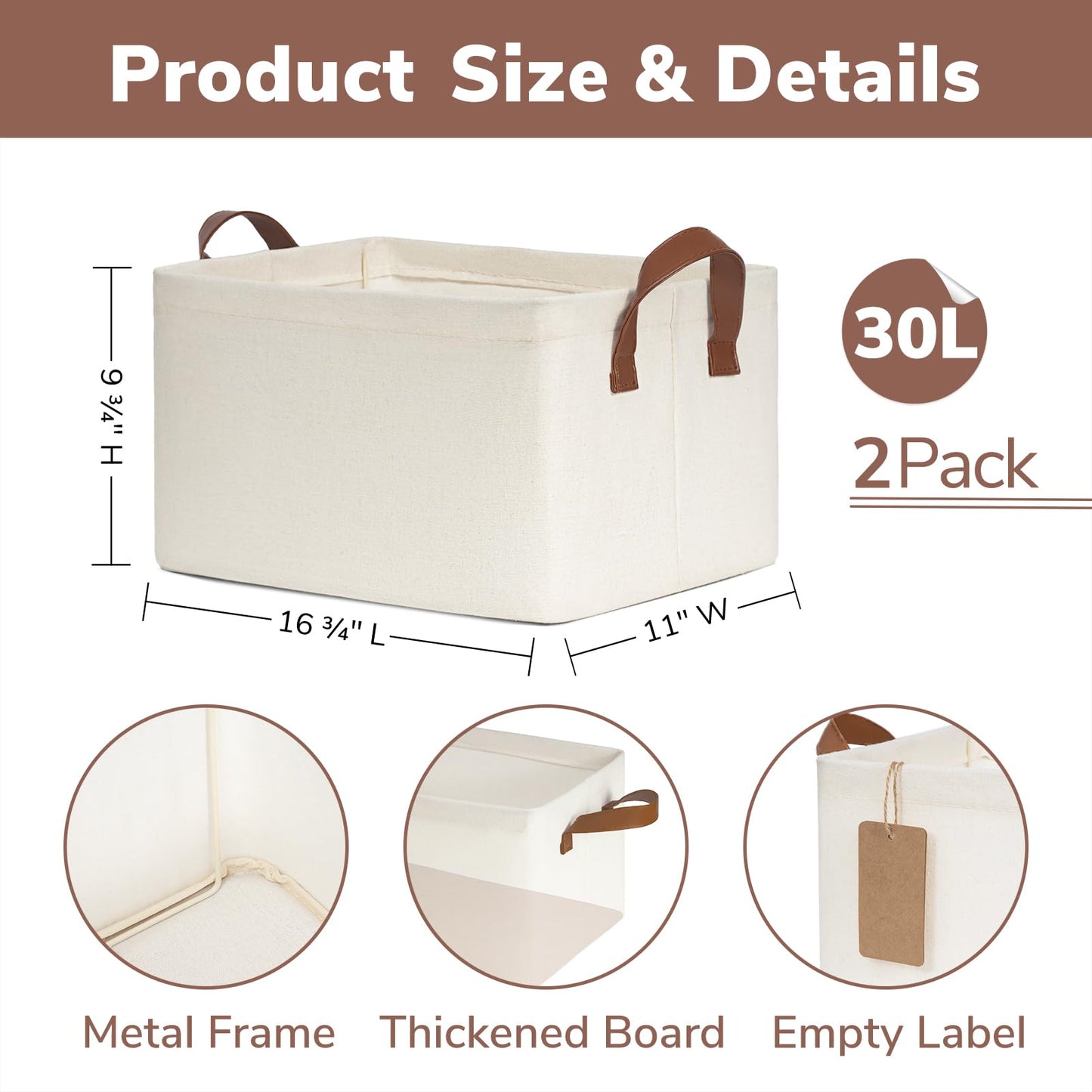 CHICVITA 2-Pack Large Storage Baskets for Shelves, Fabric Storage Bins with Metal Frame, Closet Organizers and Storage Boxes for Clothes Toy, Beige