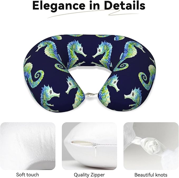 Memory Foam Airplane Pillow Seahorses for Car Chin Head Neck Supporting, U Shape Pillows Travel Cushion for Office, Nap Sleeping