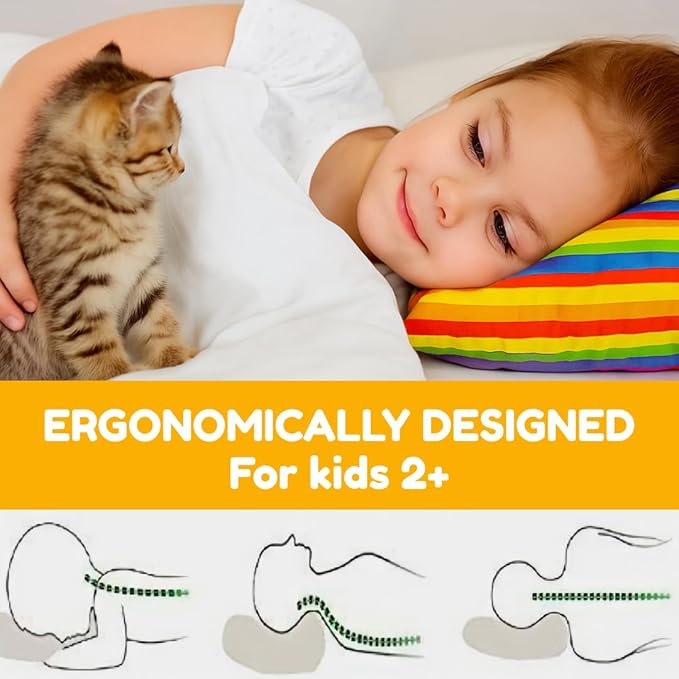 kinder Fluff Toddler Pillow (2Pk) 13x18in – Small Pillow for Kids Age 2+, Bright Rainbow Design, 100% Cotton Sateen Stripe 300T, Down Alternative Fill, Machine Washable, Colourful Kids Cushion - S