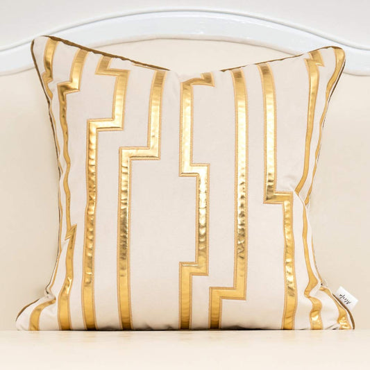 Alerfa Gold Leather Striped White Throw Pillow Cover 20x20 Inch, Geometric Luxury Decorative Embroidered Velvet Pillow Cover for Couch Living Room Bedroom