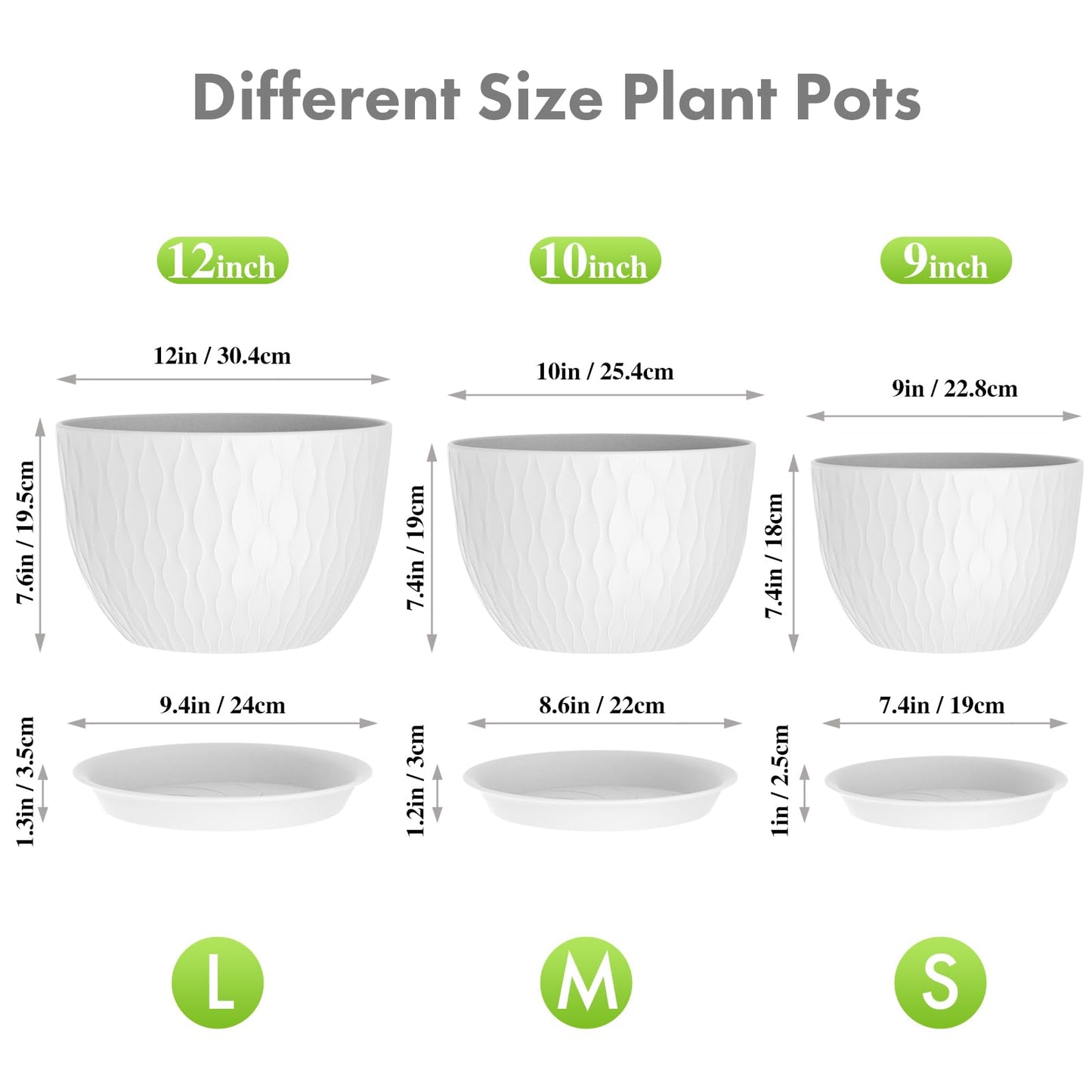 Meowell 12/10/9 inch Large Flower Pots, 3 Set Big Plant Pots for Outdoor Indoor Plants with Water Ripples, Wide Plastic Planters with Drainage Holes and Saucers for Garden House Plants, Speckled White