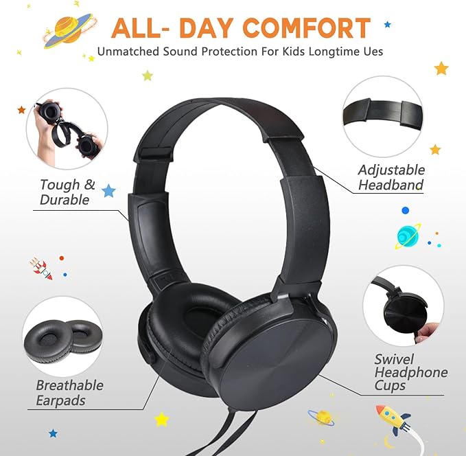 Bulk Earbud Headphones 24 Pack for School Classroom Kids, Wholeslae Wired Durable Earphones Class Set for Students Children Toddler Teens Boys Girls and Adult (HY450, 24 Black)