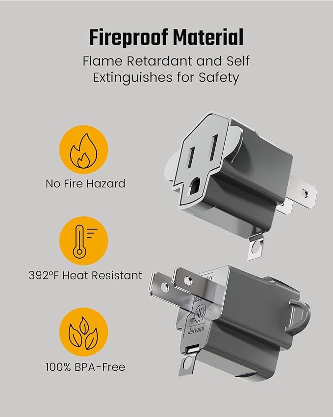 2 Prong to 3 Prong Outlet Adapter, ETL Listed 3-2 Prong Adapter, Fire-Retardant (392℉) PBT Material, Heavy Duty Wall Plug Adapter for Old Homes, Travel to Japan, and Industrial Use, Gray 4-Pack