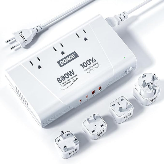 DOACE 800W Pure Sine Wave Voltage Converter US to Europe - 220V to 110V Converter for European Travel, Power Converter Adapter Combo with 35W PD and 30W QC USB Chargers for Using U.S. Devices Abroad