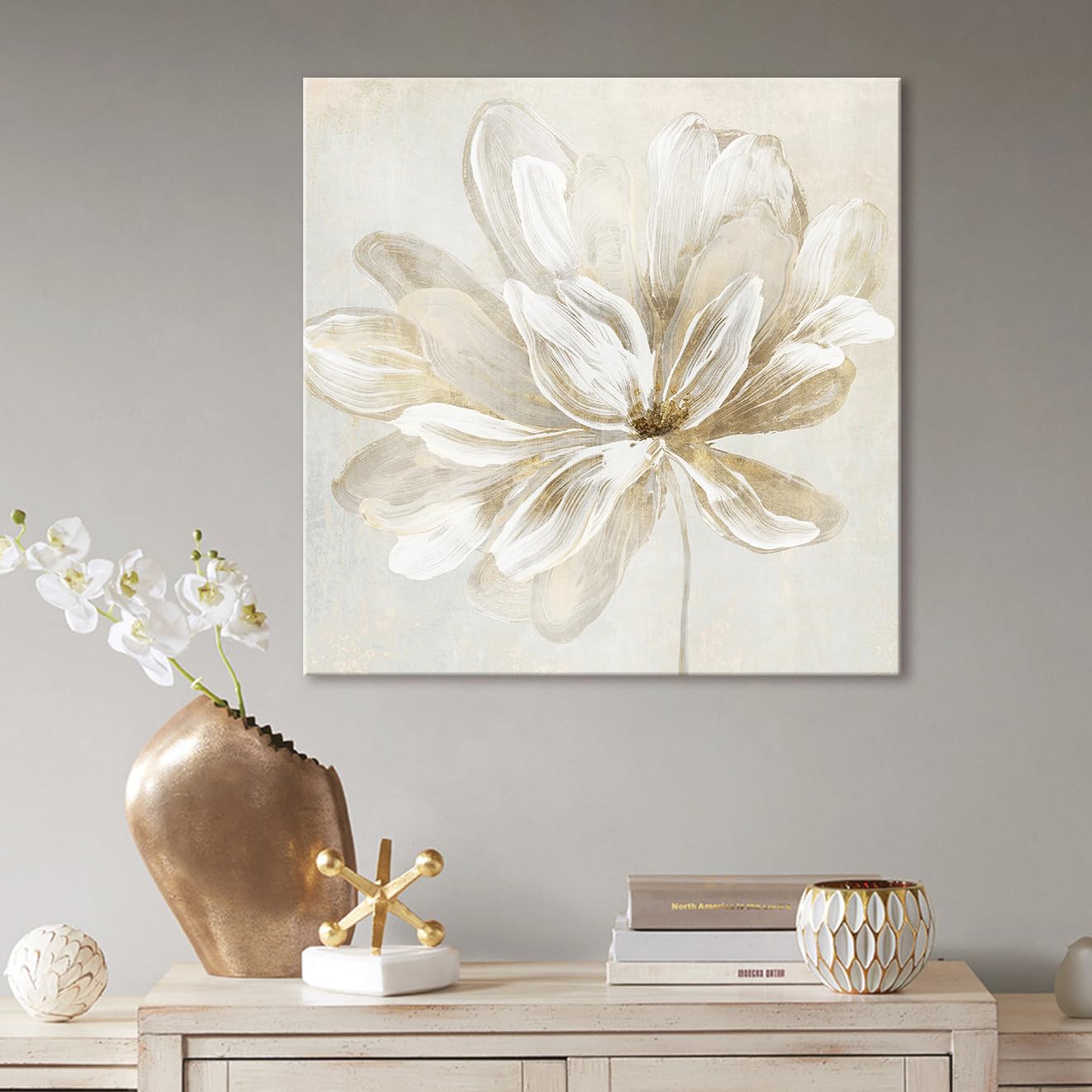 SEVEN WALL ARTS White Flower Wall Art Beige and Gold Blooming Flower Abstract Floral Artwork Print Poster for Living Room Bedroom Bathroom Home Office Wall Decor 24"x24"