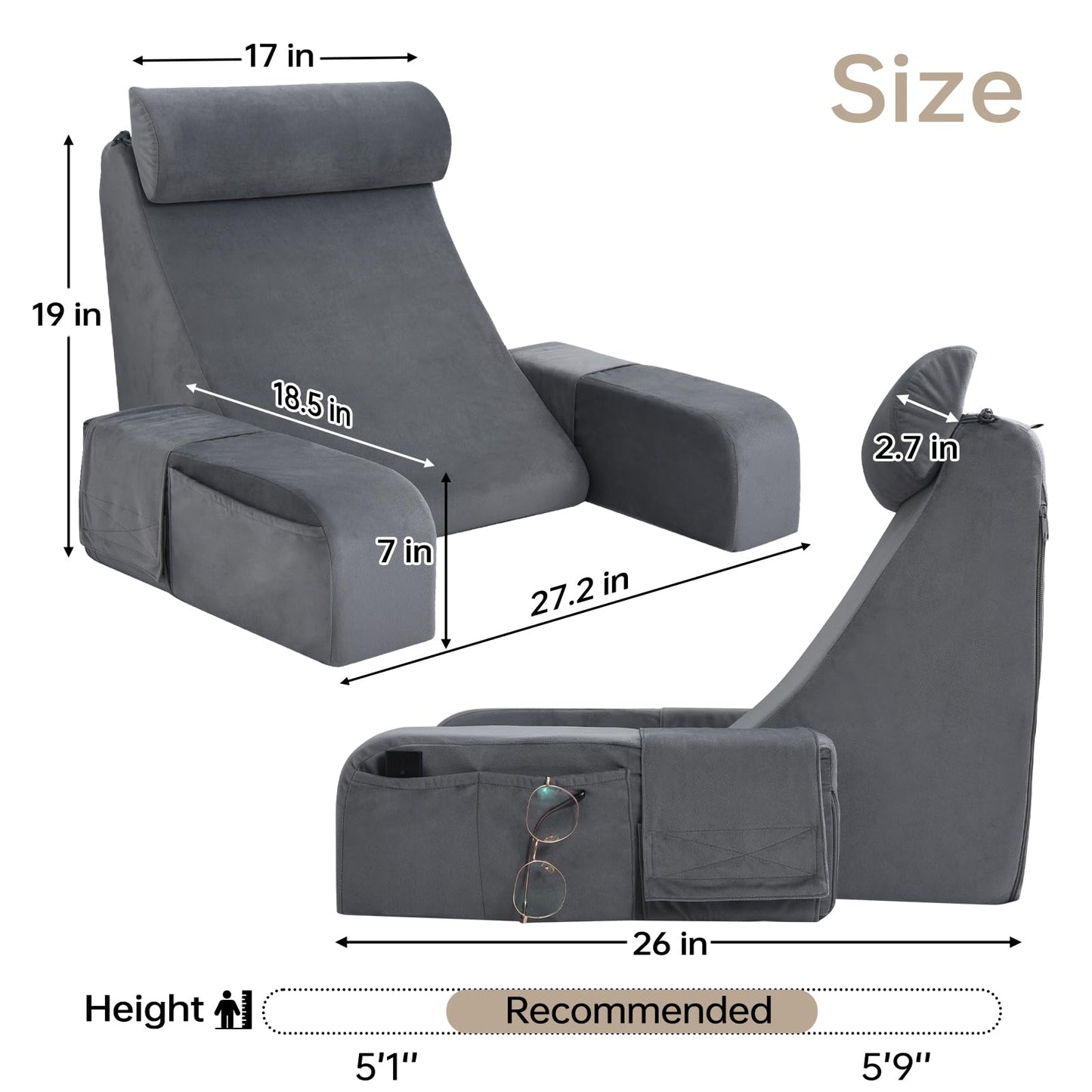 ENITYA Back Pillow for Bed Sitting Up,Reading Pillow with Armrests & Big Pockets for Adults,Upright Pillow for Resting,Watching TV,Nursing,Recovery,Gaming,Grey