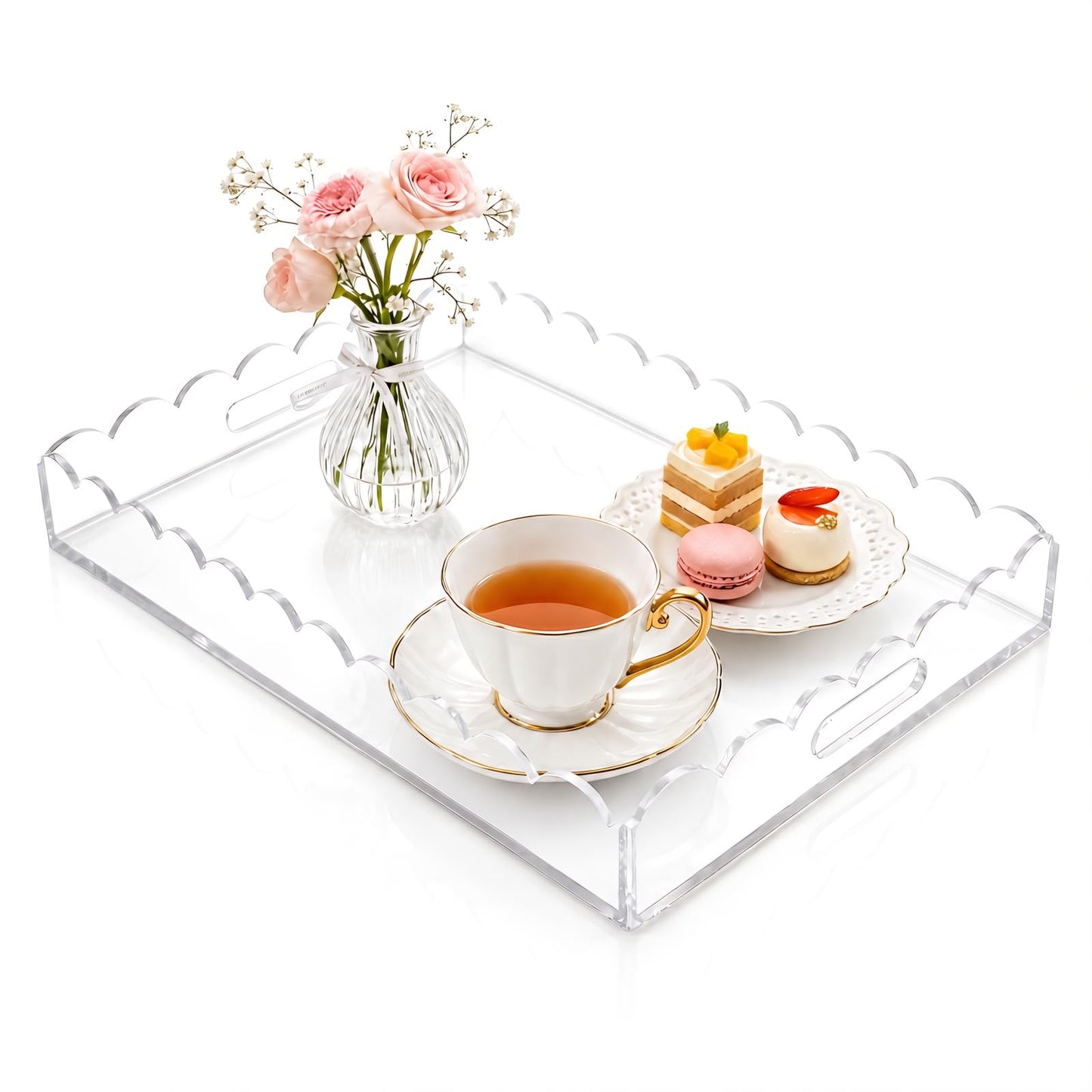 DUNPUTE Scalloped Clear Acrylic Tray with Handles, 15 x 10 Inch Decorative Serving Tray for Coffee Table, Ottoman and Vanity, Perfume Tray for Bathroom Vanity, Kitchen Counter and Home Decor