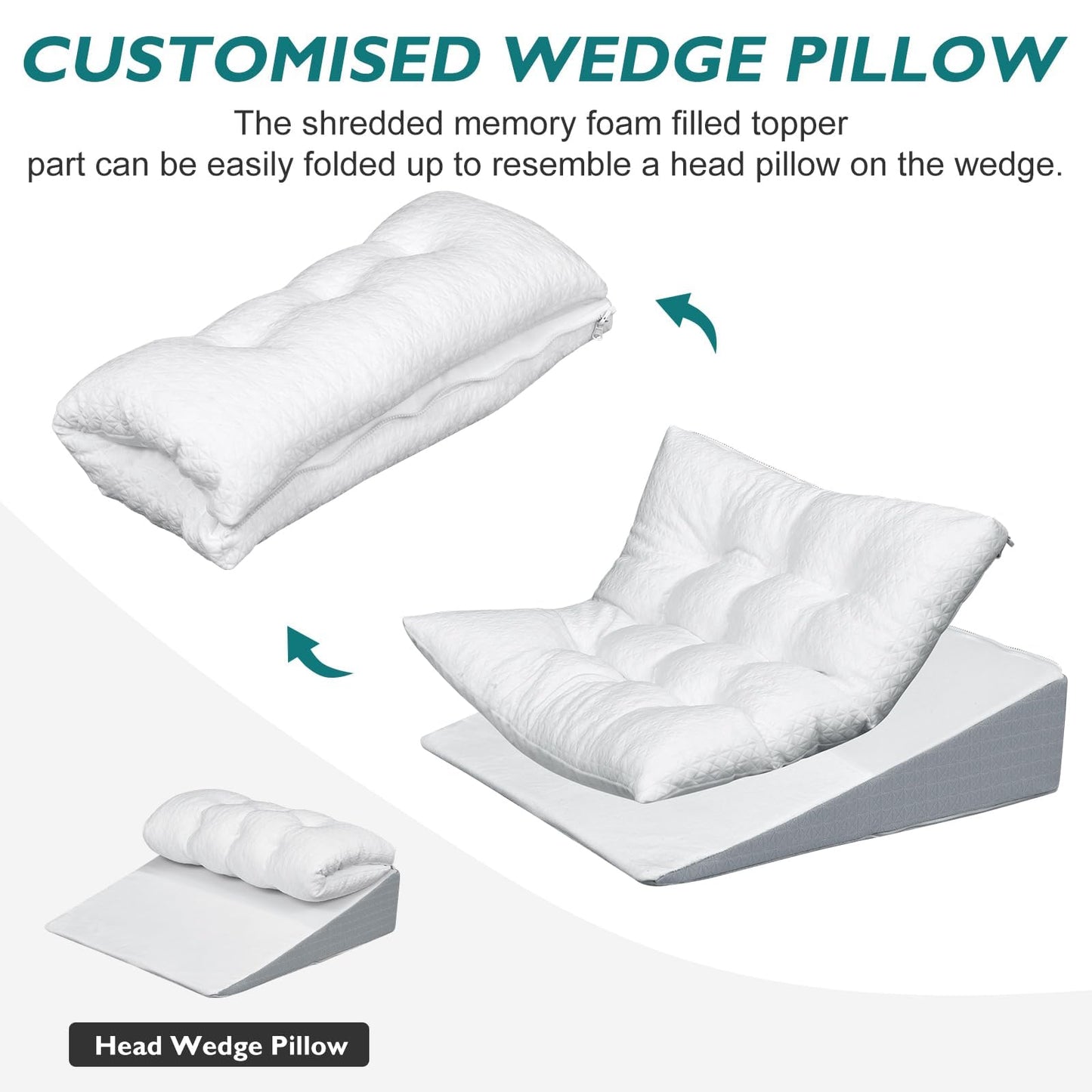 TANYOO Bed Wedge Pillow for Sleep Apnea 7.5Inch Gerd Pillow Patent Dual Layer Triangle Pillow Adjustable Shredded Memory Foam Topper Soft Support Ideal for Acid Reflux, After Surgery, Snoring