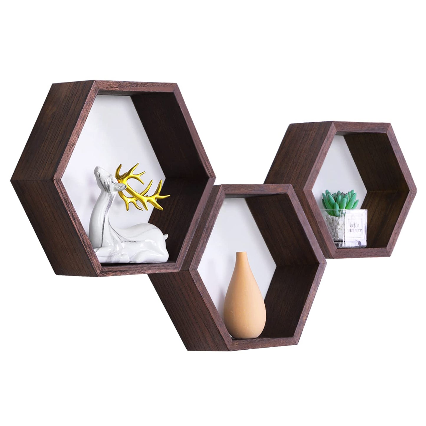 PHOENANCEE Hexagon Floating Shelves,Honeycomb Shelf Set of 3,Wood Farmhouse Hexagonal Decor Wall Storage for Living Room Bedroom Kitchen Office(Walnut)