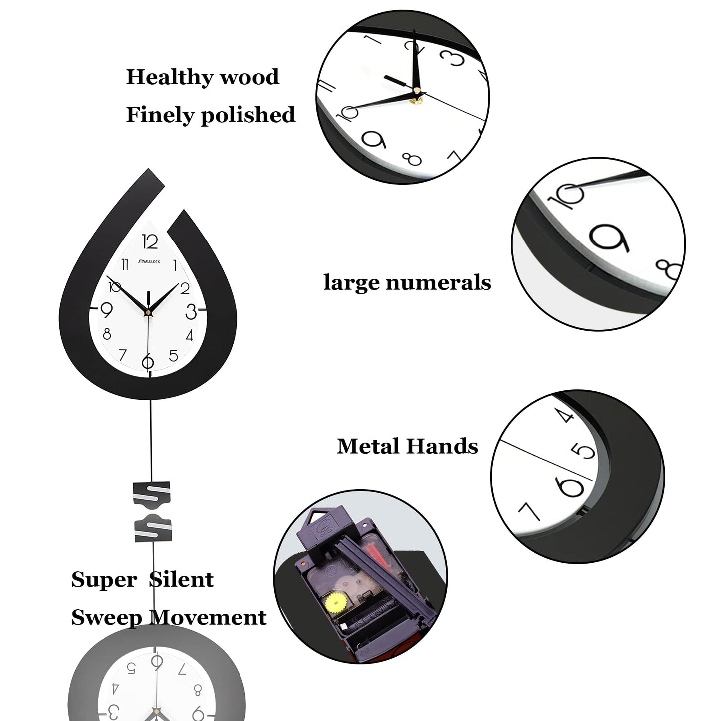 JTWALCLOCK Large Wall Clock for Living Room Decor Big Decorative Pendulum Modern Wall Clock Silent Non Ticking Battery Operated 22.4 Inch Wood Art Clock for Kitchen Bedroom Office Indoor Home