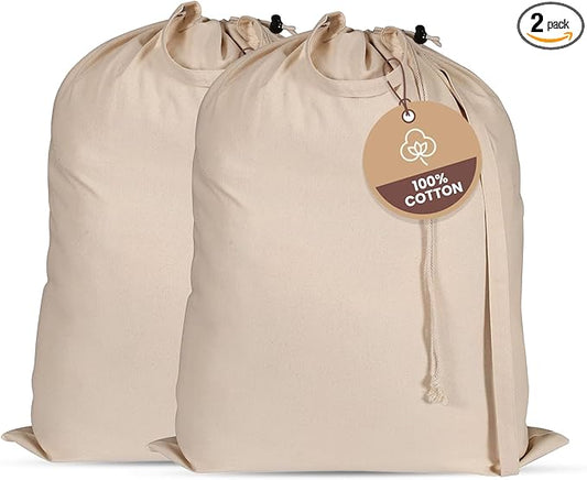 LFH Home Large Premium 100% Cotton Canvas Laundry Bag with Drawstring and Handles Heavy Duty, Multi-Use, and Washable for Home, Travel, College or Storage 28x40 (Pack of 2)-Natural